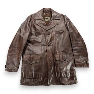 Vintage Sears Coat Adult MEDIUM Brown Leather Shop Car Coat Faux Fur USA 70s